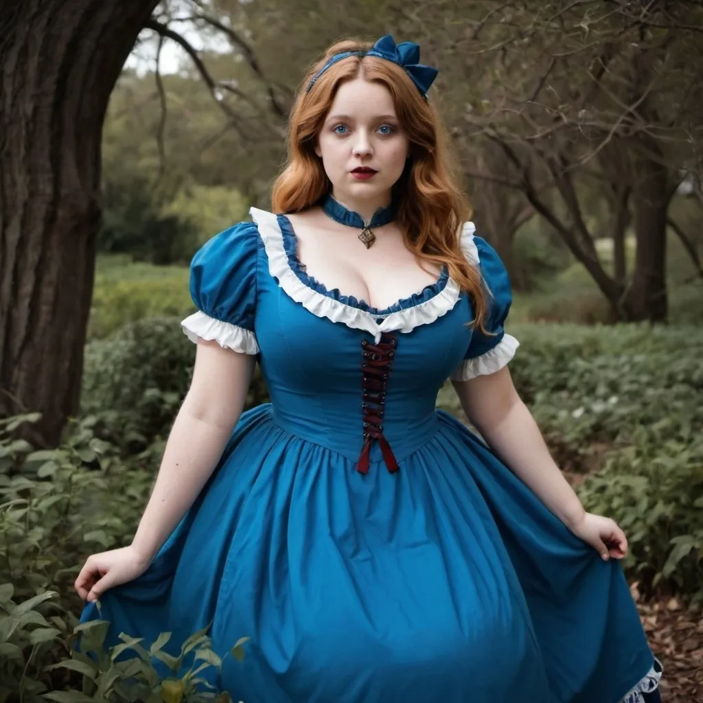 Prompt: Alice in wonderland, curvy chest, blue Victorian dress 