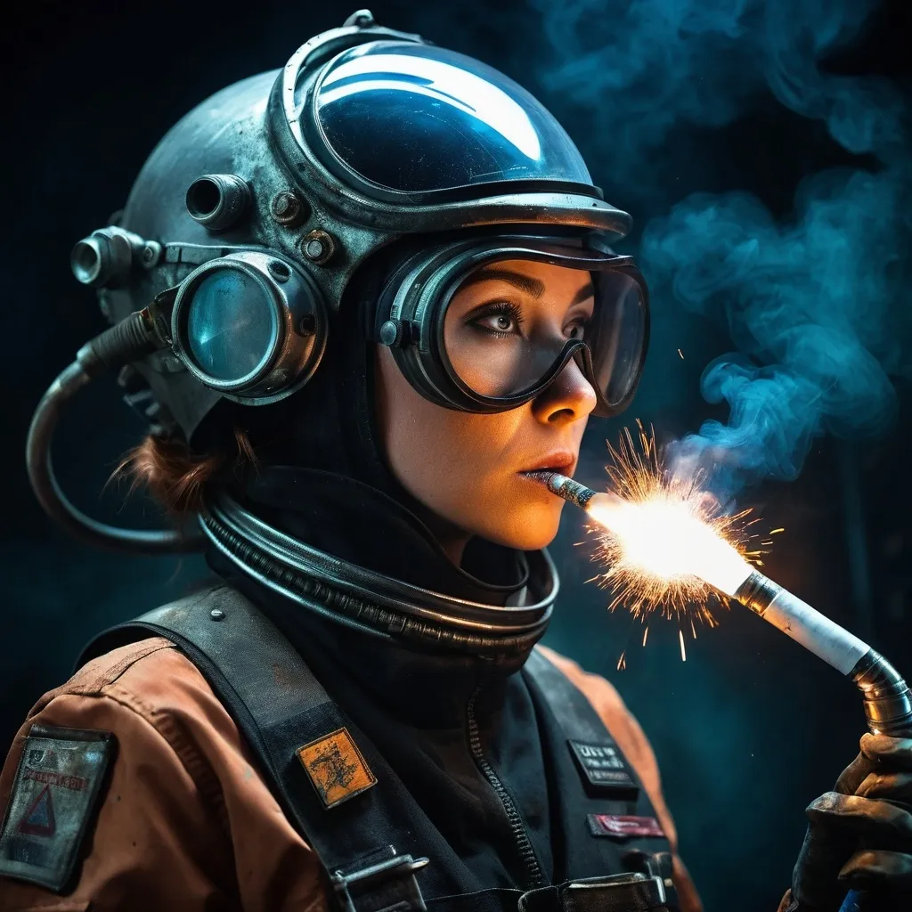 Prompt: Attractive Alien Space Scrapper Woman, (tight rubber uniform), (welding goggles), (welding torch), confidently lighting cigarette, (strong, determined expression), metallic spacecraft debris background, cool futuristic colors, atmospheric smoke, gritty ambiance, dynamic and edgy vibe, striking contrast, ultra-detailed, high-quality image, captivating sci-fi theme, bold lighting.