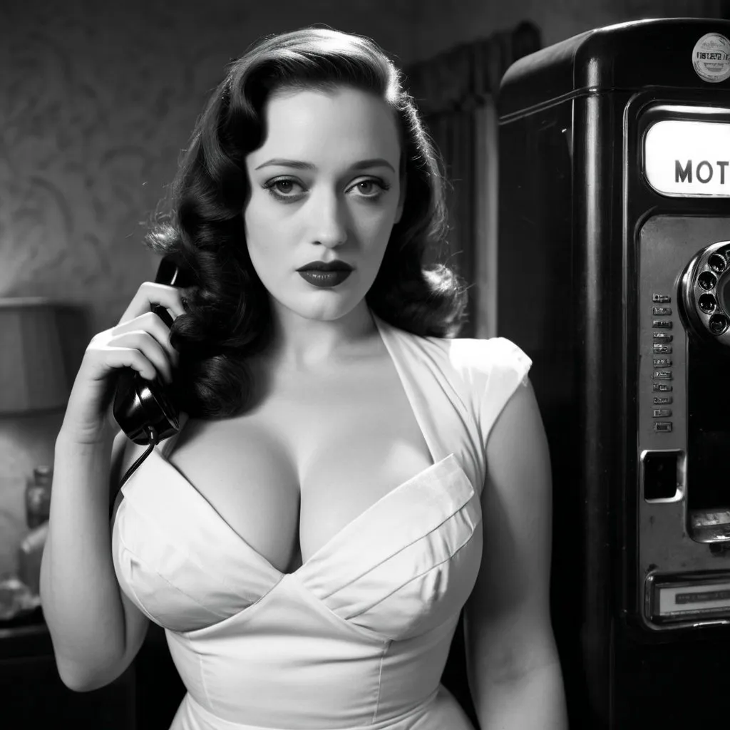 Prompt: Black and white photo, 1940s style, film noir look, 30ish woman femme fatale, white dress, kat dennings look alike, chesty, curvy, cheap motel, talking on pay phone 