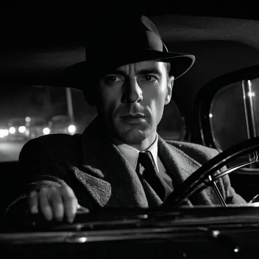 Prompt: 1940s style, film noir look, 40ish male private detective, driving car on coast road at night