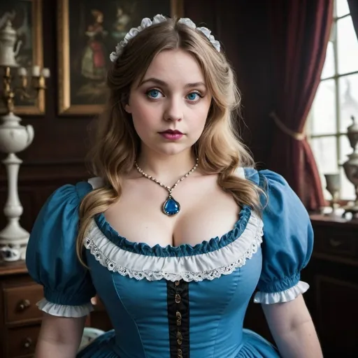 Prompt: Alice in wonderland, curvy chest, blue Victorian dress 
