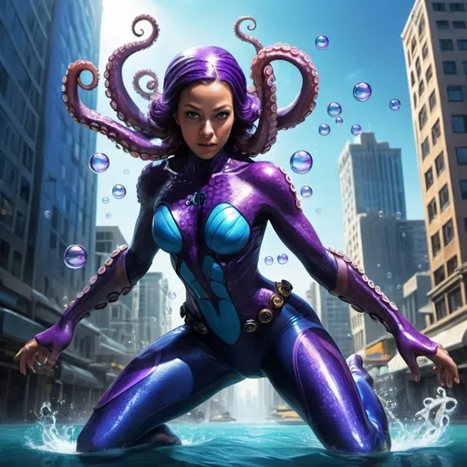 Prompt: Octopus woman, superhero, superhero costume