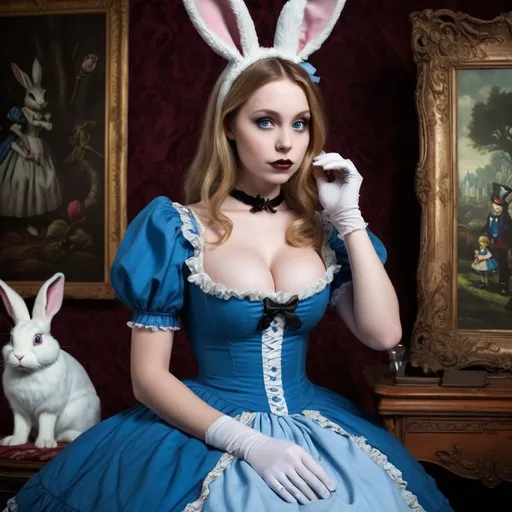 Prompt: Alice in wonderland, deep cleavage, blue Victorian dress, creepy giant rabbit in background
