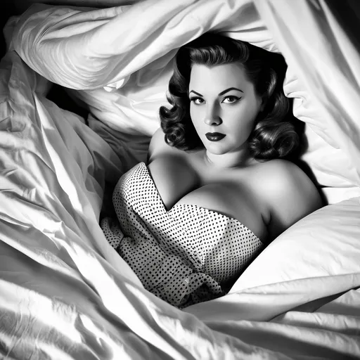 Prompt: 1950s style, girl in bed, under sheet, curvy, cleavage