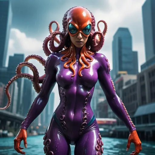 Prompt: Octopus woman, superhero, superhero costume