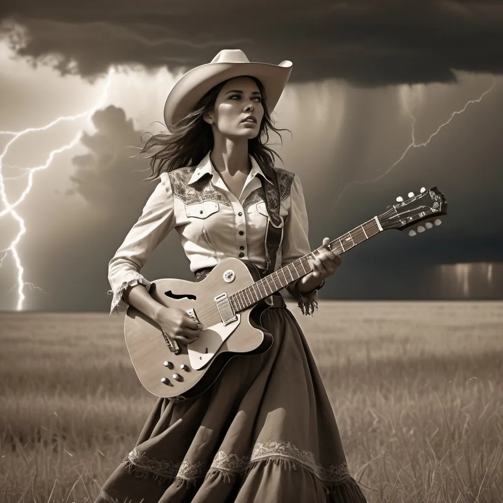 Prompt: Vintage 1890 sepia photo, Attractive cowgirl woman, traditional dress, in field, ,storm clouds, playing electric guitar 