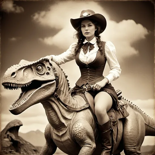 Prompt: Vintage 1890 sepia photo, Attractive cowgirl woman, steampunk, traditional dress, buxom, riding a dinosaur