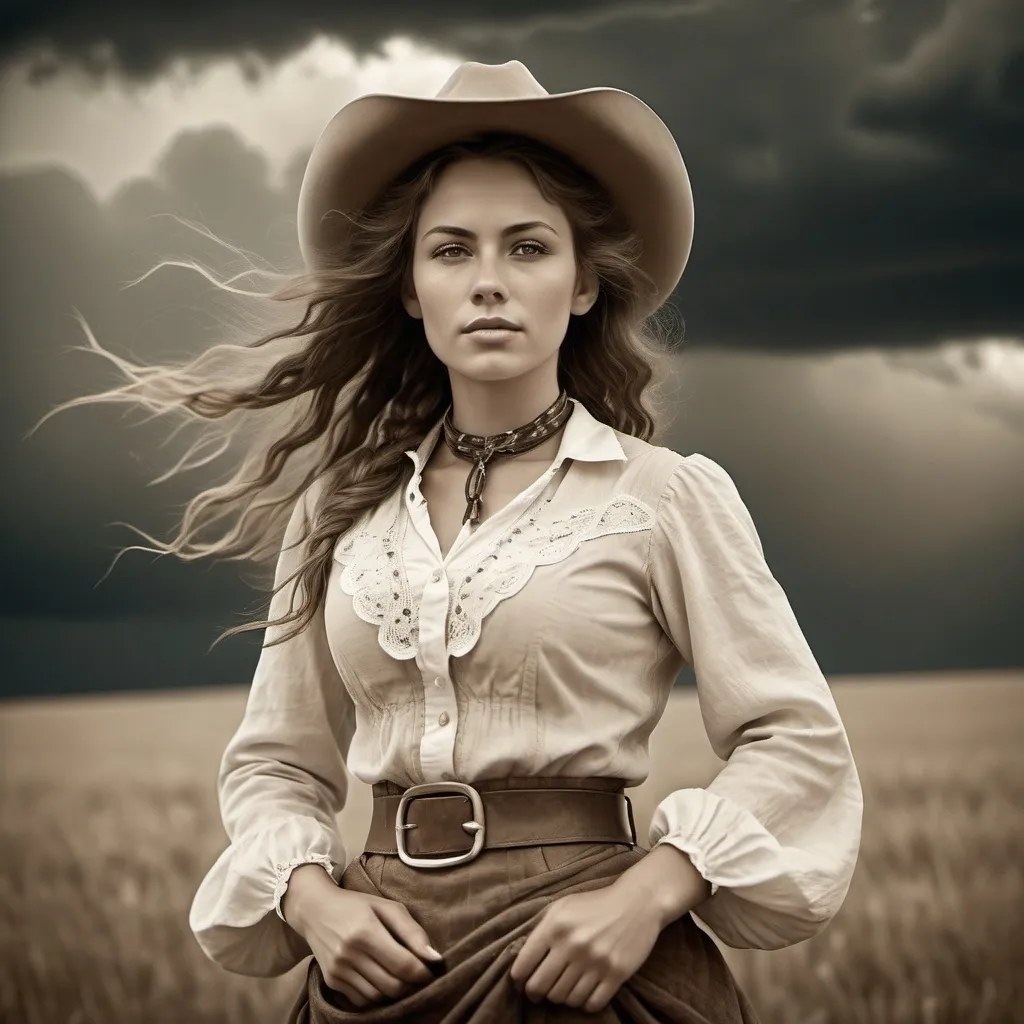 Prompt: Vintage 1890 sepia photo, Attractive cowgirl woman, traditional dress, in field, , storm clouds