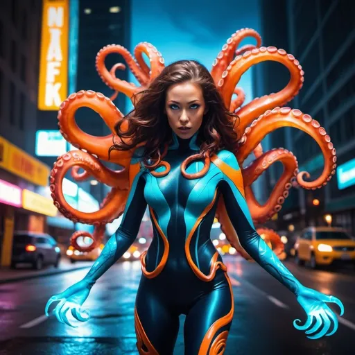 Prompt: Octopus woman, superhero, superhero costume