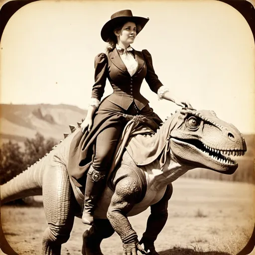 Prompt: Vintage 1890 sepia photo, Attractive cowgirl woman, steampunk, traditional dress, buxom, riding a dinosaur