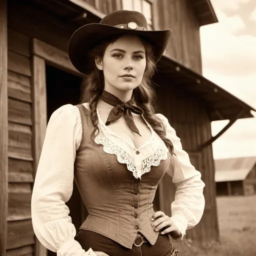 Prompt: Vintage 1890 sepia photo, Attractive cowgirl woman, steampunk, traditional dress, buxom, unbuttoning top, in front of barn