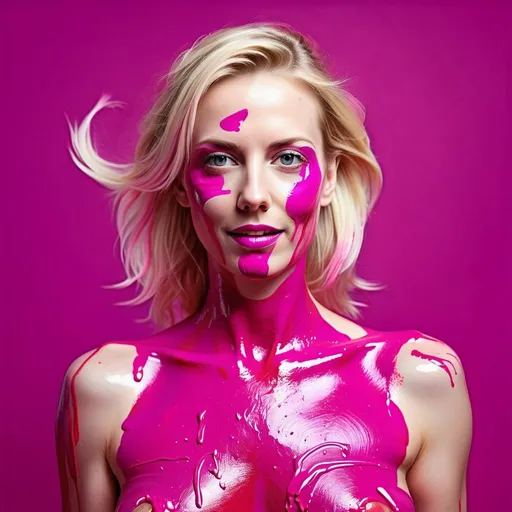 Prompt: Attractive blonde woman, thirty-something, body covered in pink paint