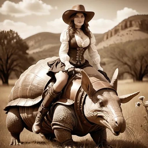 Prompt: Vintage 1890 sepia photo, Attractive cowgirl woman, steampunk, traditional dress, buxom, riding a giant armadillo