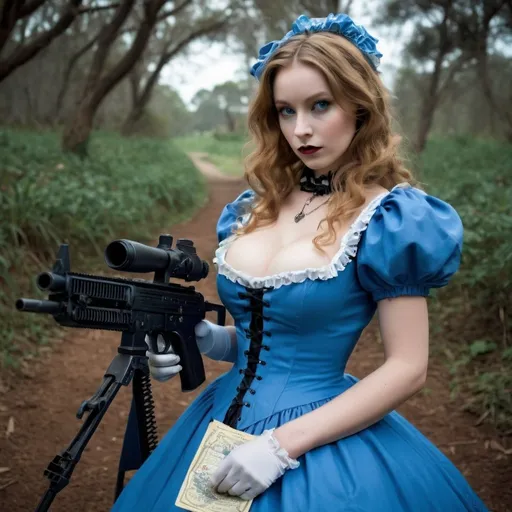 Prompt: Alice in wonderland, deep cleavage, blue Victorian dress, machine gun 