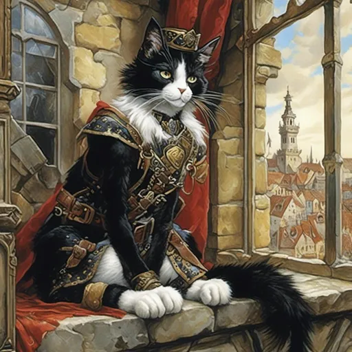 Prompt: An anthropomorphic powerful medieval black and white cat with wide eyes wearing royal gear, sitting on a windowsill overlooking his kingdom in 
<mymodel> artstyle by Donato Giancola and Terese Nielsen, neat and clear tangents full of negative space , a dramatic lighting with detailed shadows and highlights enhancing depth of perspective and 3D volumetric drawing , a vibrant and colorful high quality digital painting in HDR