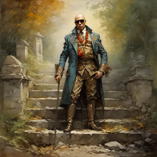 Prompt: <mymodel> musical artist "Pitbull" wearing a king outfit and sunglasses after a tough battle, still recovering, battered and bruised, crossing a stone bridge,  torn armor, broken armor, sweaty, in pain. Full body. somber