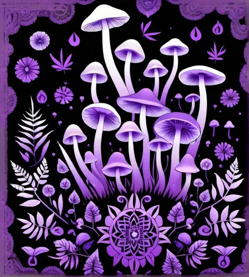 Prompt: a silhouette group of mushrooms growing out of a mandala, black background, fantastic and purple palette