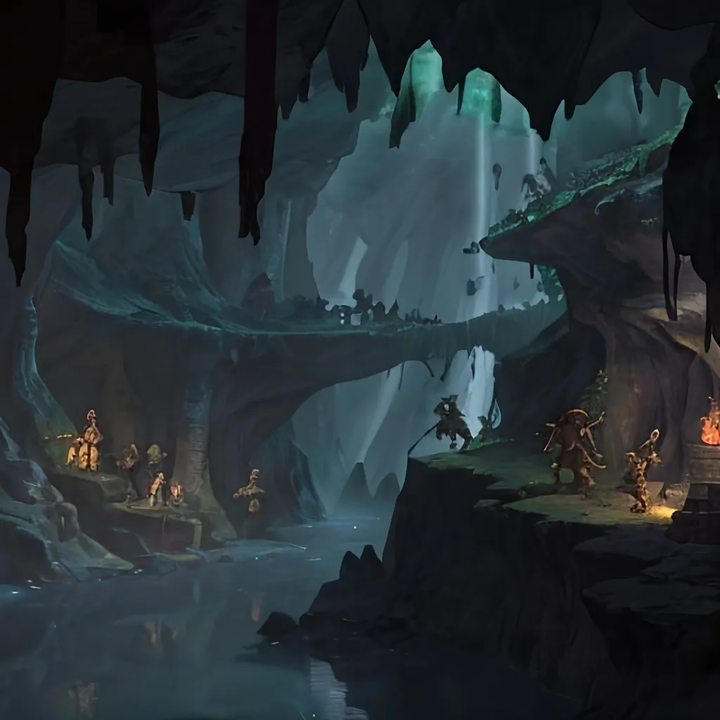 Prompt: cave, barely clothed goblins with weapons, dark atmosphere filled with treasures, a few small buildings with a small stream running between the buildings, ravine in front, stalagmites on the ceiling, torches are scattered around