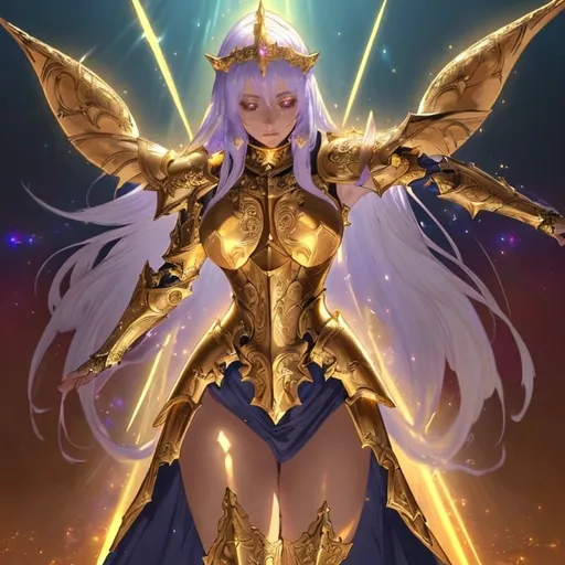 Prompt: Female paladin in holy armor, shining metallic details, intricate engravings, radiant aura, ethereal glow, majestic and powerful stance, high-quality, fantasy art style, golden tones, divine lighting, intricate details, intricate engravings, heroic, majestic, powerful, radiant, holy armor, shining metallic, female paladin, fantasy, divine, high quality