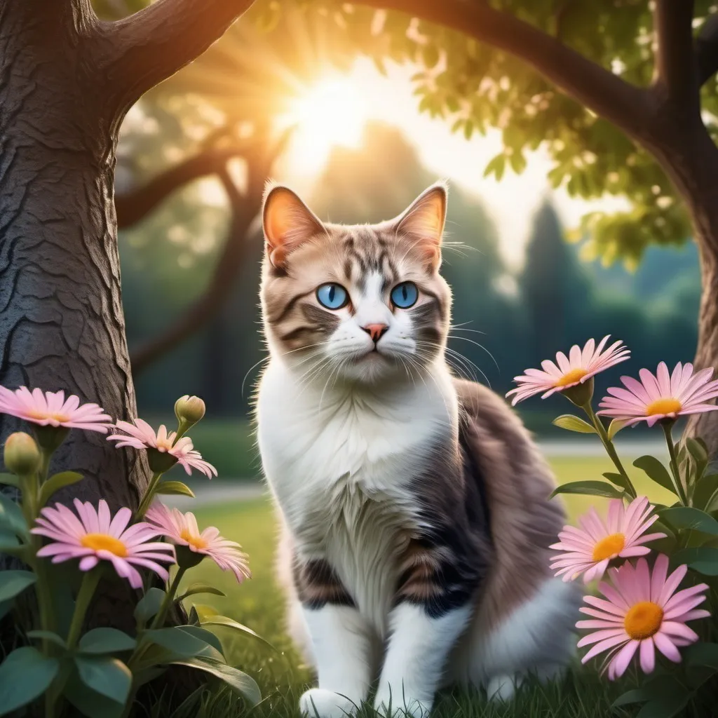 Prompt: Make a picture with realistic trees and flowers with sunrise and blue sky encoperated into it and make a cat as the subject
