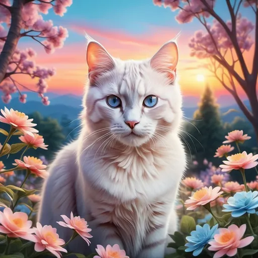 Prompt: (realistic cat), surrounded by (realistic trees), (vibrant flowers), a breathtaking mix of (blue sky) and (sunset), gentle pastel color scheme, soft lighting, ultra-detailed, serene atmosphere, enchanting ambiance, harmony of nature, blooming blossoms, inviting scene, captivating tranquility, cinematic masterpiece, harmony between flora and fauna.