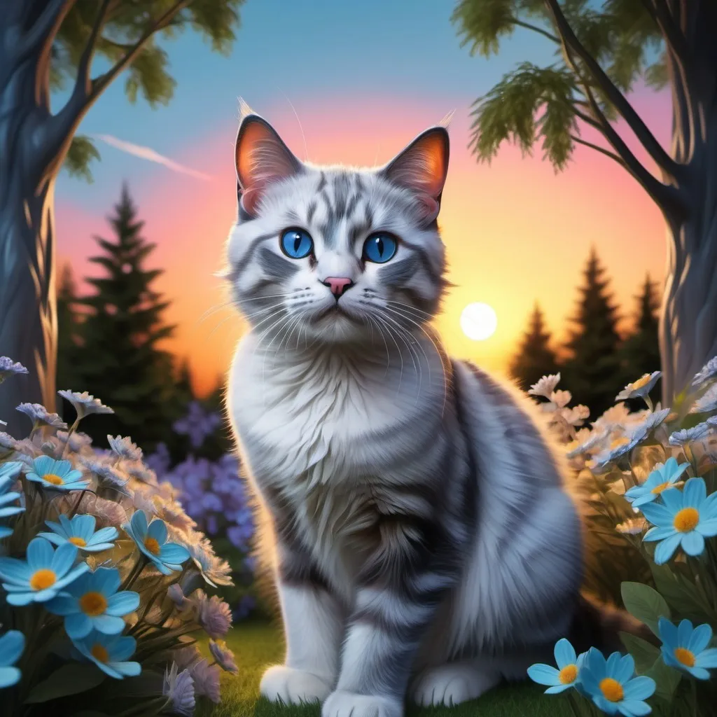 Prompt: Make a cat that is surrounded by realistic trees and flowers and the background a mix of the blue sky and  the sunset.

