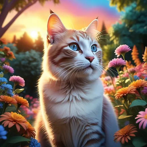 Prompt: (realistic cat), surrounded by lush (vibrant trees) and (colorful flowers), stunning mix of (blue sky and sunset), warm hues blending with cool tones, serene atmosphere, soft light illuminating the scene, nature in full bloom, (4K), ultra-detailed rendering, dreamy yet vibrant ambiance.