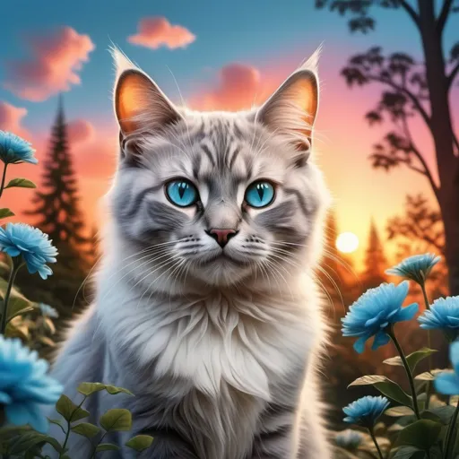 Prompt: Make a cat that is surrounded by realistic trees and flowers and the background a mix of the blue sky and  the sunset.

