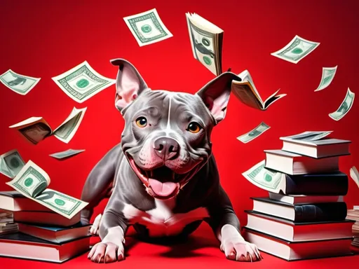 Prompt: (vibrant red background), (flying dollar bills), cute french pitbull, scattered books, prominent R & B music artists, energetic atmosphere, luxurious vibe, playful elements, cinematic depth, excellent composition, high detail, lively ambiance, richness in colors, playful and cheerful mood, eye-catching visual storytelling