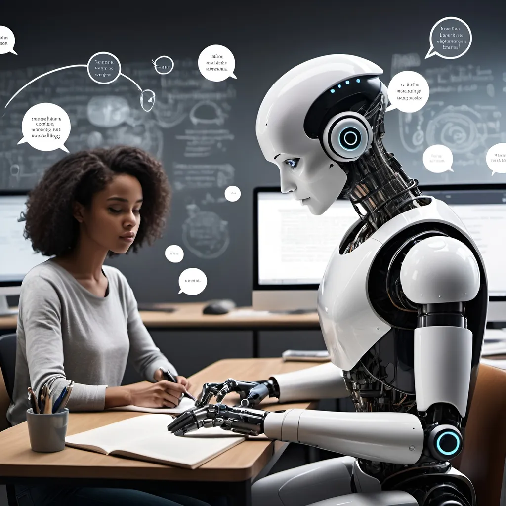 Prompt: "A futuristic and creative workspace scene with an AI (robot) on one side and a human on the other. Both are sitting at sleek, modern desks, intensely focused on their work. The AI is typing on a high-tech computer, while the human is using a traditional keyboard. Above their heads, thought bubbles show imaginative and diverse story ideas. The background is filled with books, pens, and creative writing tools, blending the old with the new."