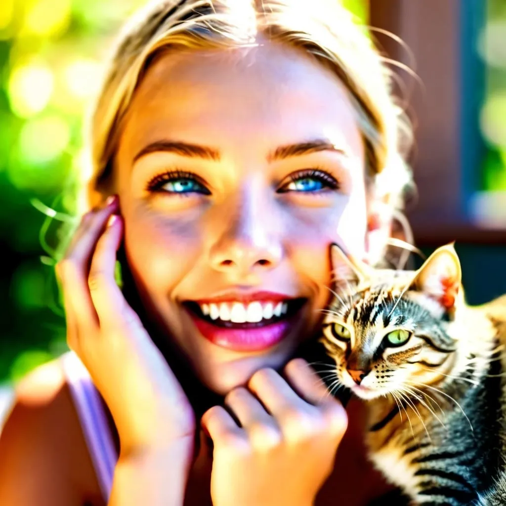 Prompt: A platinum blonde woman sitting on a back porch holding a little tabby cat in her lap and stroking it’s head absentmindedly 