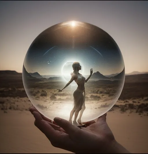 Prompt: Leaving everything else the same, remove the landscape and place the glass orb and woman in front of the glass orb in a pair of hands, cupping the orb and woman.
The hands belong to a white Anglo-Saxon man with shoulder length hair