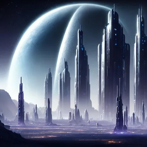 Prompt: Far future civilization futuristic tall black towers spaceships night big planets