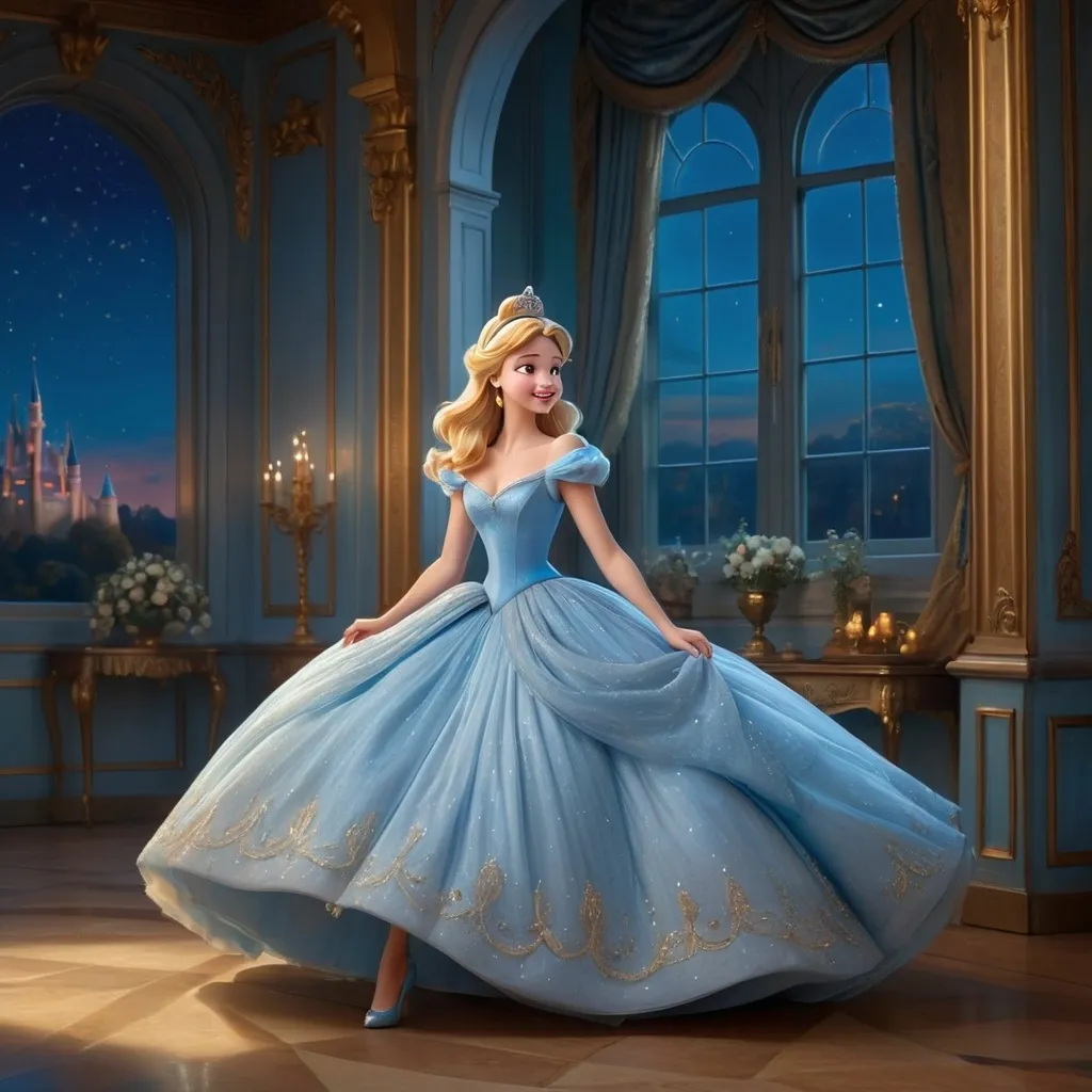 Prompt: In a magnificent grand hall bathed in a soft blue hue, Cinderella stands gracefully, embodying elegance in her stunning sky-blue gown adorned with sparkles that catch the light. Her golden hair is styled in soft waves, complemented by a delicate tiara, enhancing her regal appearance. Behind her, tall windows reveal a starry night sky and a distant castle, framing the enchanting scene. The room, opulent with rich colors and intricate details, exudes a magical atmosphere, while Cinderella’s joyful expression and poised stance suggest anticipation for a night filled with possibilities. The overall composition captures a moment of grace and wonder, inviting viewers into a fairy tale world.