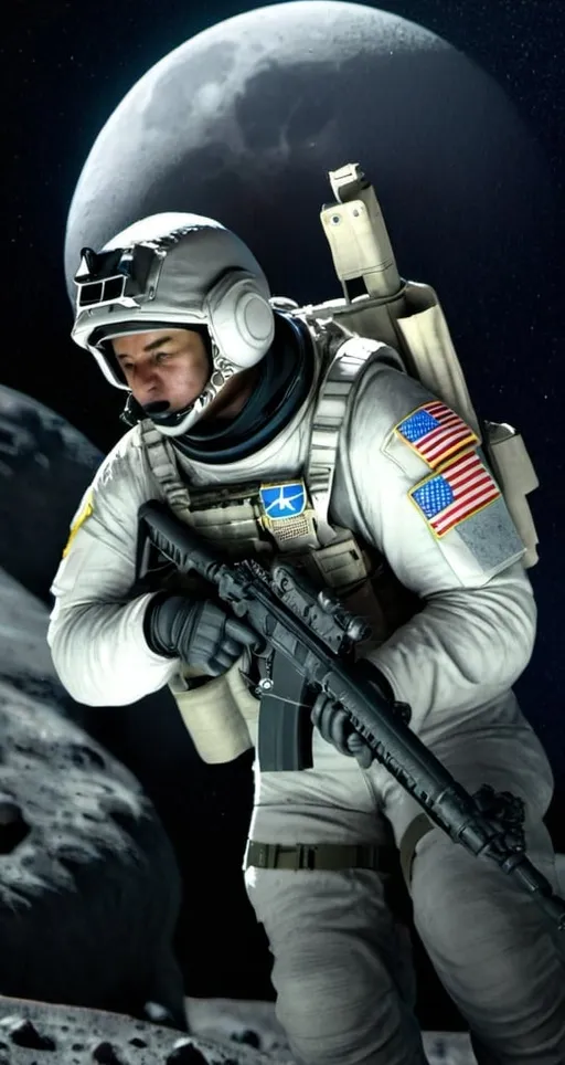 Prompt: United States space force infantryman on the moon patrolling with a rifle