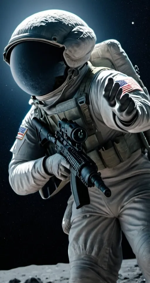 Prompt: United States space force infantryman on the moon patrolling with a rifle