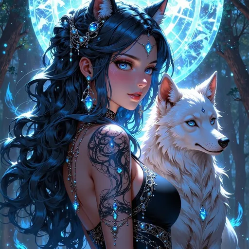 Prompt: beautiful water nymph with long midnight blue hair and golden eyes with slits and a gemstone in the middle of her forehead. Full shoulder tattoos. with Wolf ears, standing next to a white cute wolf with sparkly blue eyes.