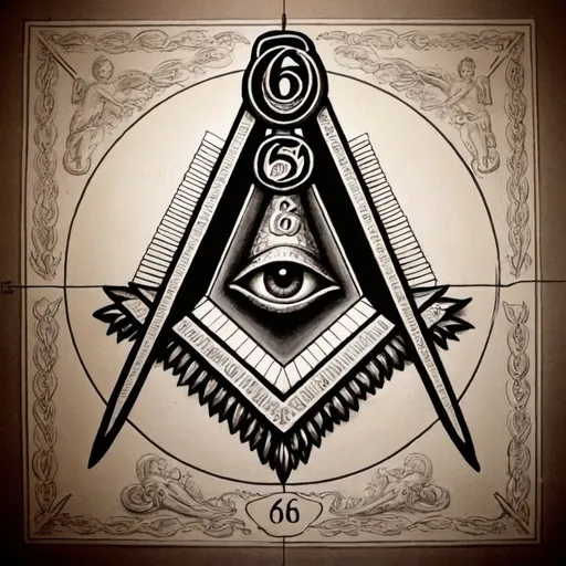 Prompt: Please draw an picture for me that can describe the number 666 and the freemasons
