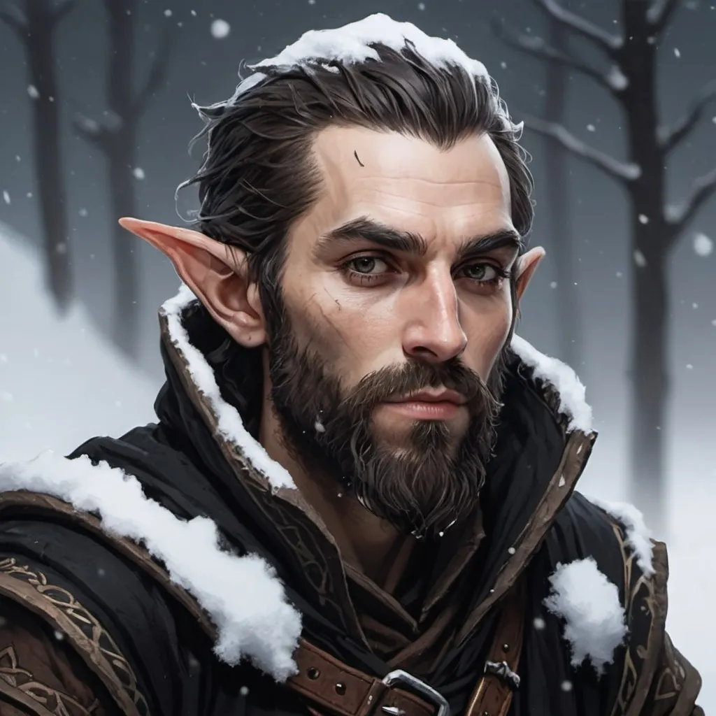 Prompt: A DND profile picture of a bearded male wood elf rogue in black ragged clothes with a snowy background