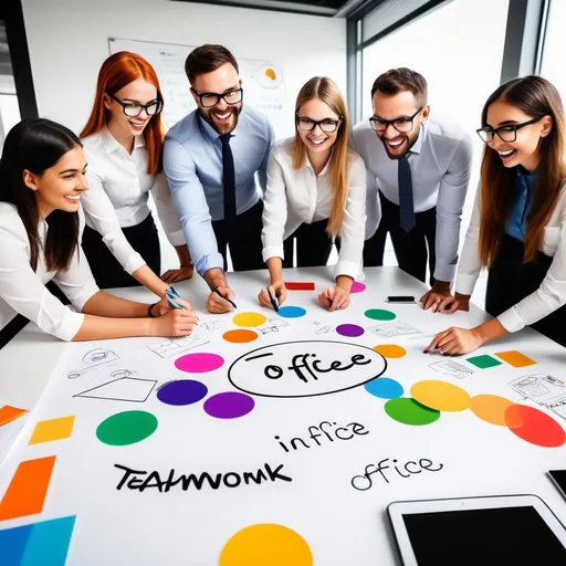 Prompt: (accurately spelled text "Teamwork in Office Logo Presentation"), vibrant colors, high contrast, modern office setting, diverse team actively engaging around a whiteboard, attentive expressions, dynamic poses, office supplies scattered around, bright natural lighting, clear focus on the logo being explained, ultra-detailed image quality, collaborative atmosphere, cheerful and inspiring vibe, minimal clutter for clarity.