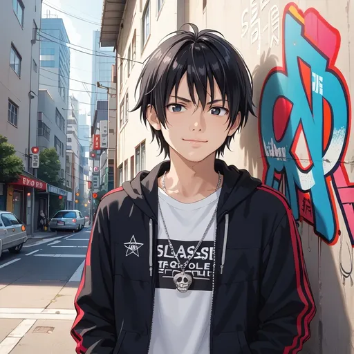 Prompt: sasuke uchiha, chill cool pose, interesting urban scene, lively environment