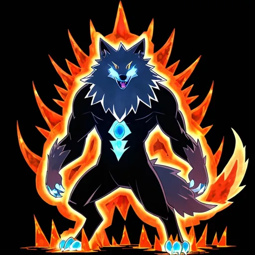 Prompt: A final Pokemon evolution. Its strongest form. It is striking a powerful pose. Features of a wolf with magma power and bioluminescent fur. Lives in a volcano. Glowing outline. Black background.