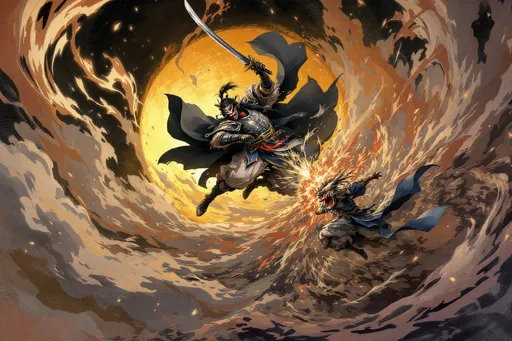 Prompt: (samurai), sword drawn, leaping forward to attack with a decisive strike