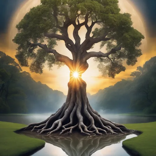 Prompt: photo realistic cover image for a book title, "JUST FOR TOMORROW, YESTERDAY, TODAY," featuring the big idea of natural change seasons visually represented by sun, moon focused on beautiful old sacred wise tree whose top is symmetrically reflected in the trees' deep roots