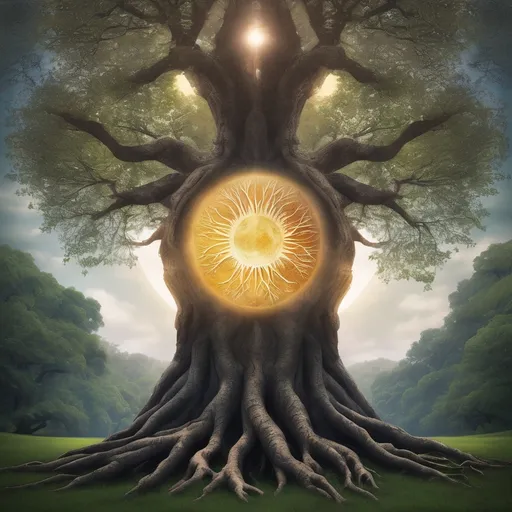 Prompt: photo realistic cover image for a book title, "JUST FOR TOMORROW, YESTERDAY, TODAY," featuring the big idea of natural change seasons visually represented by sun, moon focused on beautiful old sacred wise tree whose top is symmetrically reflected in the trees' deep roots