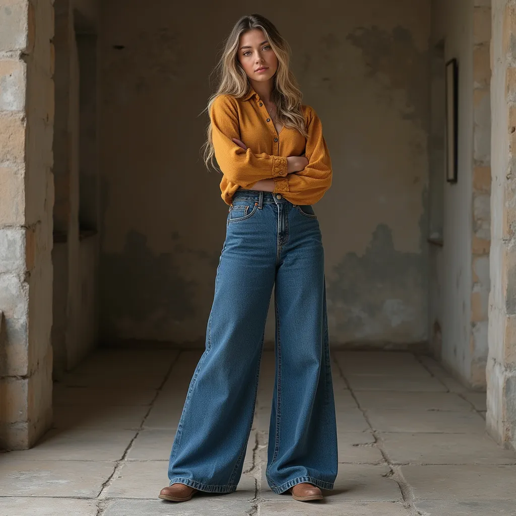 Prompt: She wears wide dark blue jeans