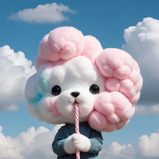 Prompt: pand eating cotton candy big fluffy clouds