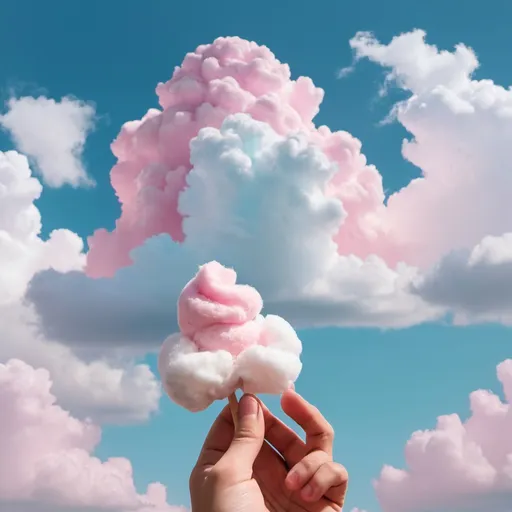 Prompt: pand eating cotton candy big fluffy clouds