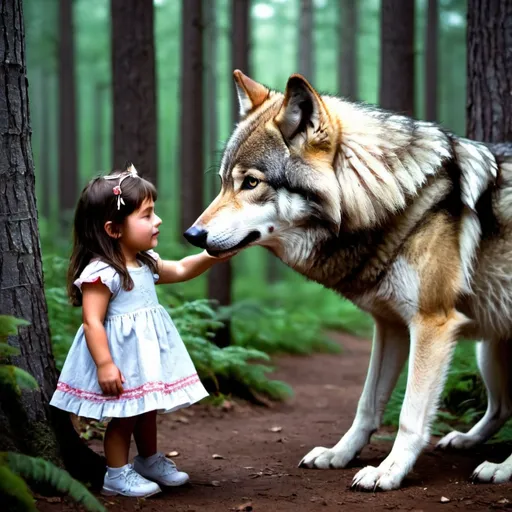 Prompt: wolf liking little girl in the woods