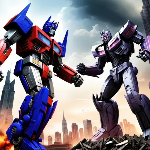 Prompt: optimus prime and megatron fighting city background